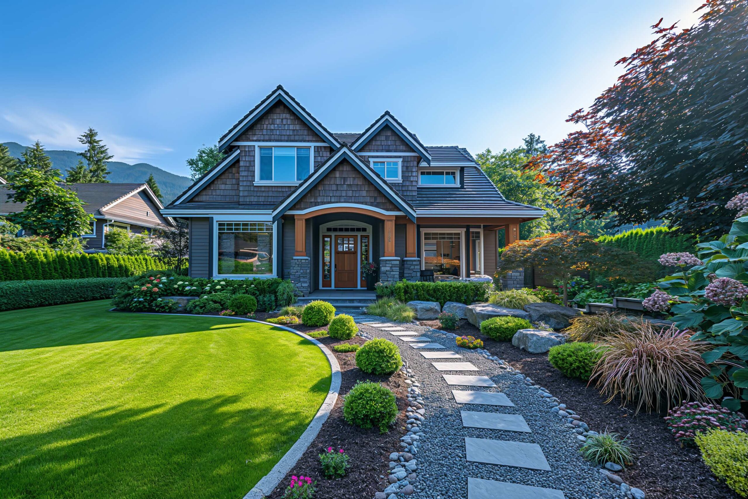 A well-maintained two-story house with gray siding and white trim, featuring a landscaped garden with a stone pathway leading to the front porch, set against a clear blue sky.