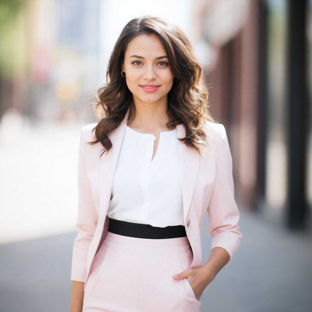 A young woman in a pink blazer and black skirt.